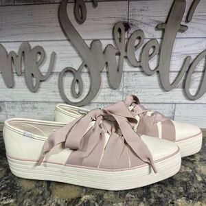 New “Keds” Women’s Point Slip On Sneakers, White/Pink, Leather, Ballet Style